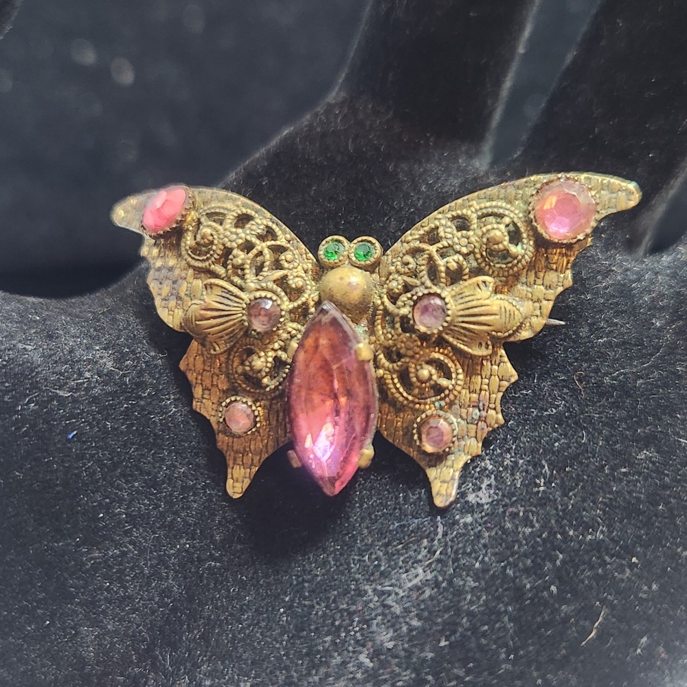 Vintage  Czech Filigree Butterfly Brooch Pink Rhinestone Brass Tone Insect Pin